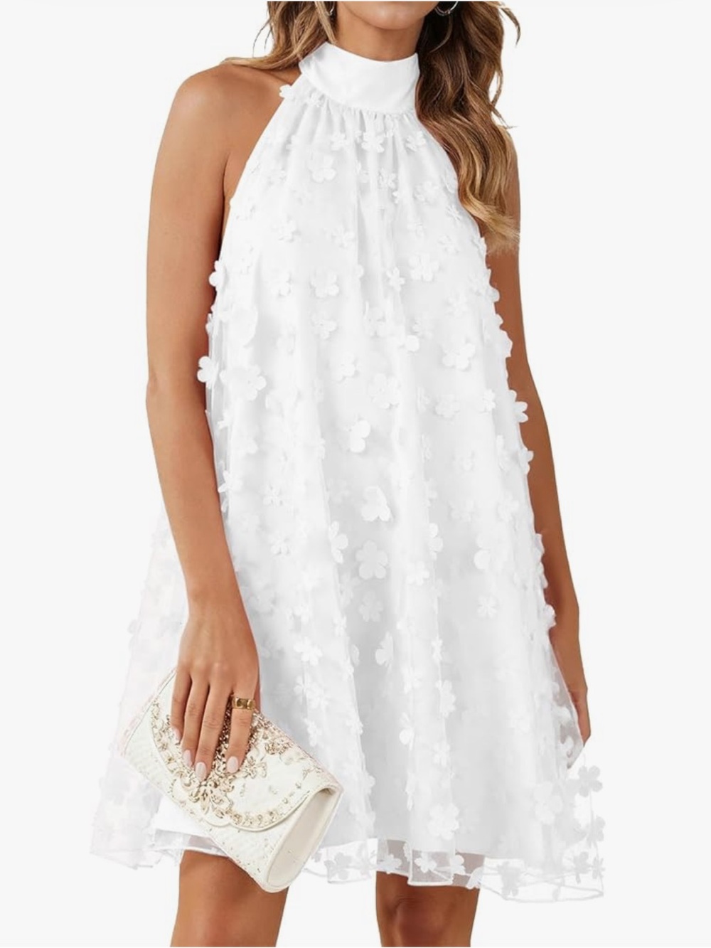White Floral Appliqué Halter Dress